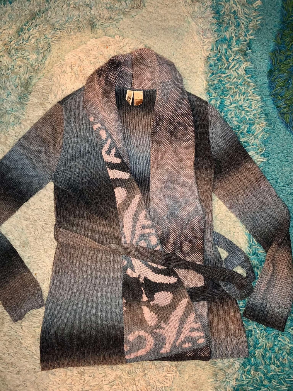 BKE Gray Patterned Shawl Cardigan with Belt